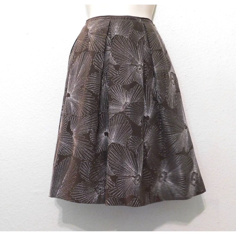 Talbots Skirt Womens 10P Petites Brown Pleated Floral Embroidery Pockets Silk